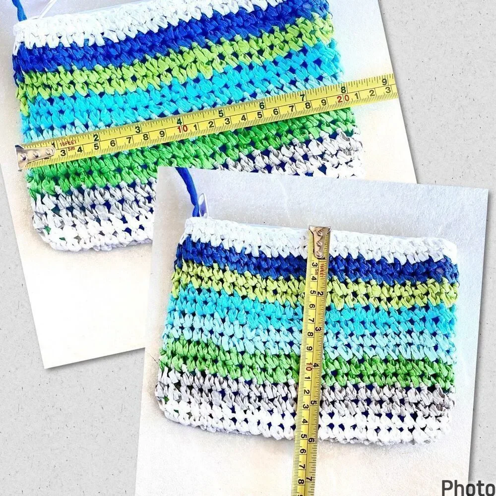 NWT Gorgeous Liz Claiborne Blue Green White Raffia Straw Big Tote Bag & pouch